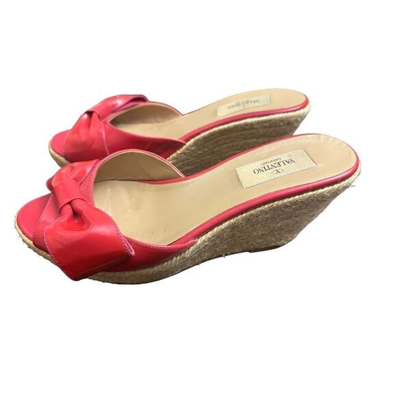 Valentino Mena Bow Hot Pink Patent Leather Wedge Espadrille Slide Sandal sz 38 ( - Picture 3 of 9